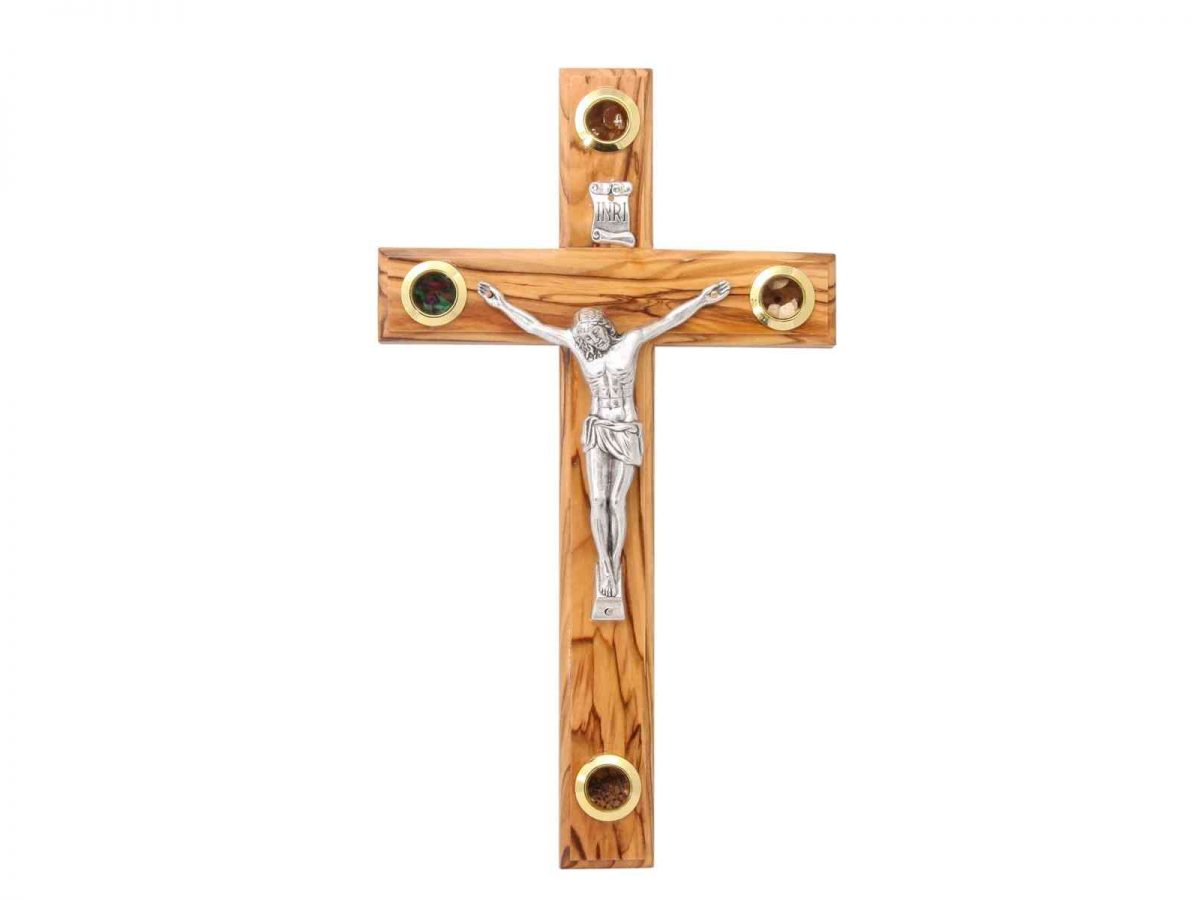 Olive Wood Crucifix Cross with Treasures from the Holy Land-0